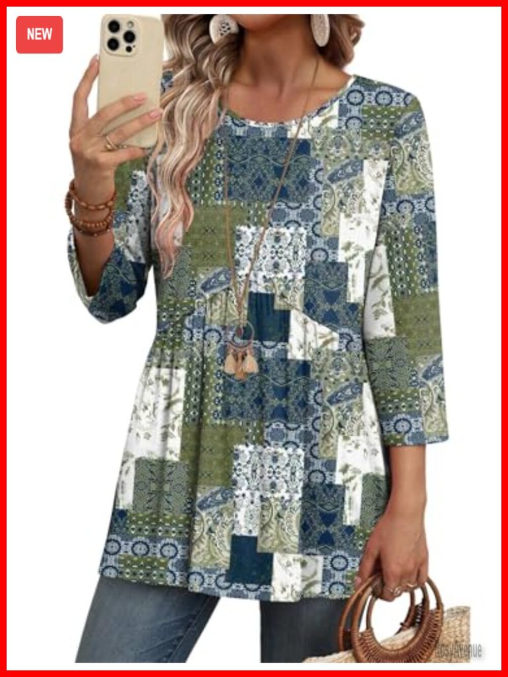 3/4 Sleeve Women's Babydoll Tunic Top Flowy Loose Fit Dressy Casual